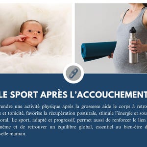 Op de afbeelding: Afbeelding met een pasgeboren baby op een zachte witte ondergrond en een zwangere persoon die een yogamat en een waterfles vasthoudt. De tekst "LE SPORT APRÈS L'ACCOUCHEMENT" is zichtbaar.