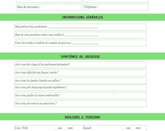 Puede incluir: Un cuestionario verde y blanco titulado "Questionnaire Santé" para mujeres embarazadas, con secciones para información personal y general, síntomas y dolor. Incluye un gráfico de piedras apiladas.