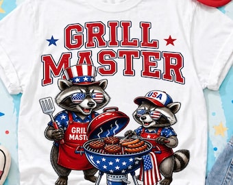 Mapache maestro de la parrilla PNG / Sublimación de barbacoa patriótica / Diseño divertido de camiseta del 4 de julio / Mapache de la basura de la barbacoa estadounidense