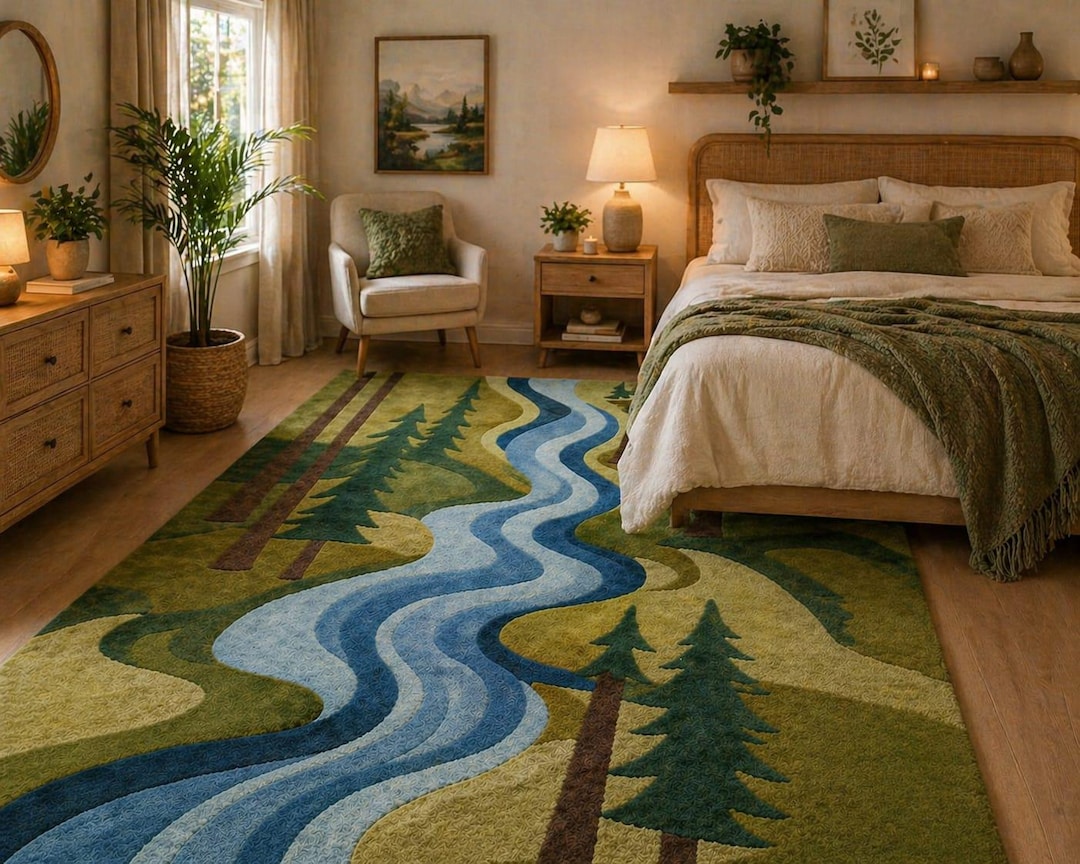 River Rugs Nature Landscape River Area Rug, Scenic Forest Woodland Carpet, Modern ...