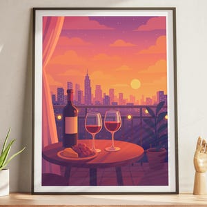 Romantic Wine Sunset Cityscape Poster | Elegant Bar & Dining Room Wall Art | Modern Wine Lover Decor | Cozy Evening Urban Print