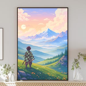 Anime inspired Japanese landscape artwork influenced by Demon Slayer aesthetics, showcasing a lone swordsman overlooking mountains reminiscent of Mount Fuji. This anime wall art print combines Tanjiro inspired visuals, pastel clouds, layered hills, and scenic depth. Ideal for anime fans searching for Demon Slayer art, anime nature prints, Japanese anime decor, manga wall art, or cinematic anime posters. A peaceful yet powerful illustration that fits modern, minimalist, and anime themed rooms.