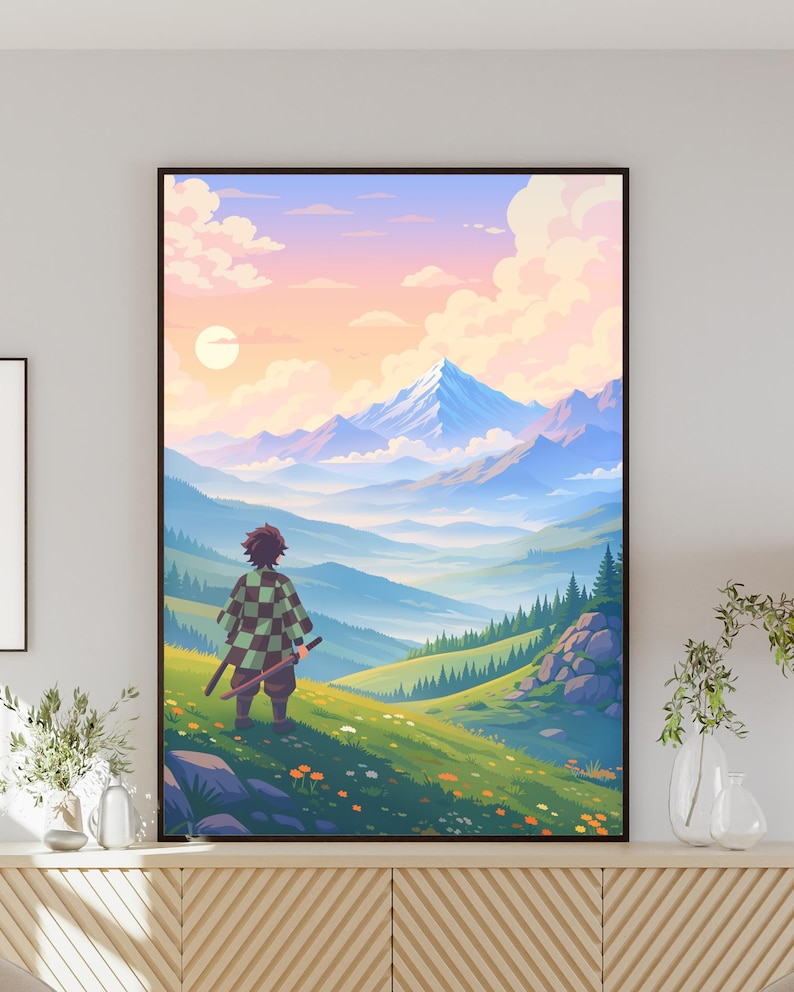 Anime inspired Japanese landscape artwork influenced by Demon Slayer aesthetics, showcasing a lone swordsman overlooking mountains reminiscent of Mount Fuji. This anime wall art print combines Tanjiro inspired visuals, pastel clouds, layered hills, and scenic depth. Ideal for anime fans searching for Demon Slayer art, anime nature prints, Japanese anime decor, manga wall art, or cinematic anime posters. A peaceful yet powerful illustration that fits modern, minimalist, and anime themed rooms.