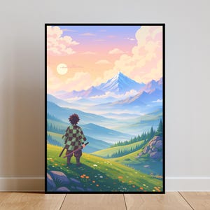 Japanese anime landscape wall art inspired by Demon Slayer, featuring a swordsman overlooking rolling hills, forests, and distant Mount Fuji style mountains. This Tanjiro aesthetic anime print blends peaceful scenery with heroic anime vibes, ideal for anime bedrooms, gaming setups, and modern interiors. Clean vector anime style, vibrant colors, and scenic depth make this artwork perfect for fans of Demon Slayer art, manga decor, and Japanese inspired anime illustrations.