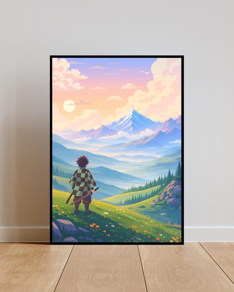 Japanese anime landscape wall art inspired by Demon Slayer, featuring a swordsman overlooking rolling hills, forests, and distant Mount Fuji style mountains. This Tanjiro aesthetic anime print blends peaceful scenery with heroic anime vibes, ideal for anime bedrooms, gaming setups, and modern interiors. Clean vector anime style, vibrant colors, and scenic depth make this artwork perfect for fans of Demon Slayer art, manga decor, and Japanese inspired anime illustrations.