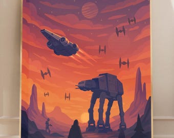 Peut inclure: Impression d'art encadrée représentant une scène de Star Wars avec le Faucon Millenium, un marcheur AT-AT et des chasseurs TIE sur fond de coucher de soleil. Une silhouette avec un sabre laser rouge est au premier plan. Design stylisé.