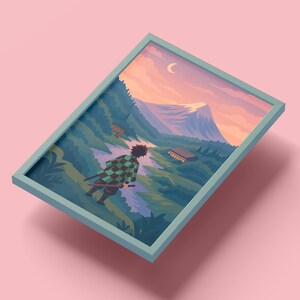 May include: Framed art print featuring a stylized illustration of a figure in a checkered pattern coat walking towards a mountain landscape. The artwork includes a river, buildings, and a crescent moon in a pastel sky. The frame is a light blue color.