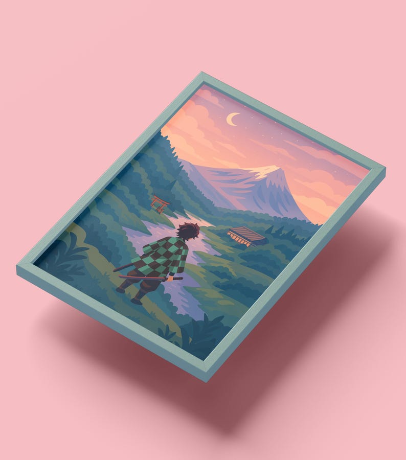 May include: Framed art print featuring a stylized illustration of a figure in a checkered pattern coat walking towards a mountain landscape. The artwork includes a river, buildings, and a crescent moon in a pastel sky. The frame is a light blue color.