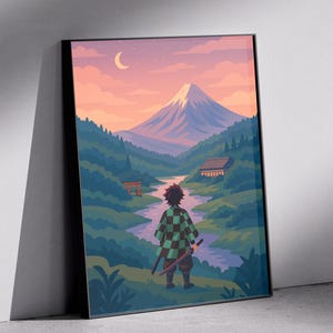 May include: A framed art print featuring a stylized landscape with a figure in a checkered green and black outfit, holding two swords, facing a mountain. The scene includes a river, trees, and a crescent moon in the sky.
