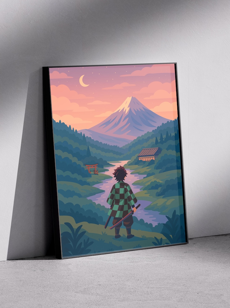 May include: A framed art print featuring a stylized landscape with a figure in a checkered green and black outfit, holding two swords, facing a mountain. The scene includes a river, trees, and a crescent moon in the sky.