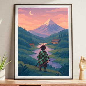 May include: A framed art print featuring a stylized landscape with a figure in a checkered robe, facing a mountain. The scene includes a river, trees, and a crescent moon in a pastel sky. The artwork is displayed on a wooden cabinet.