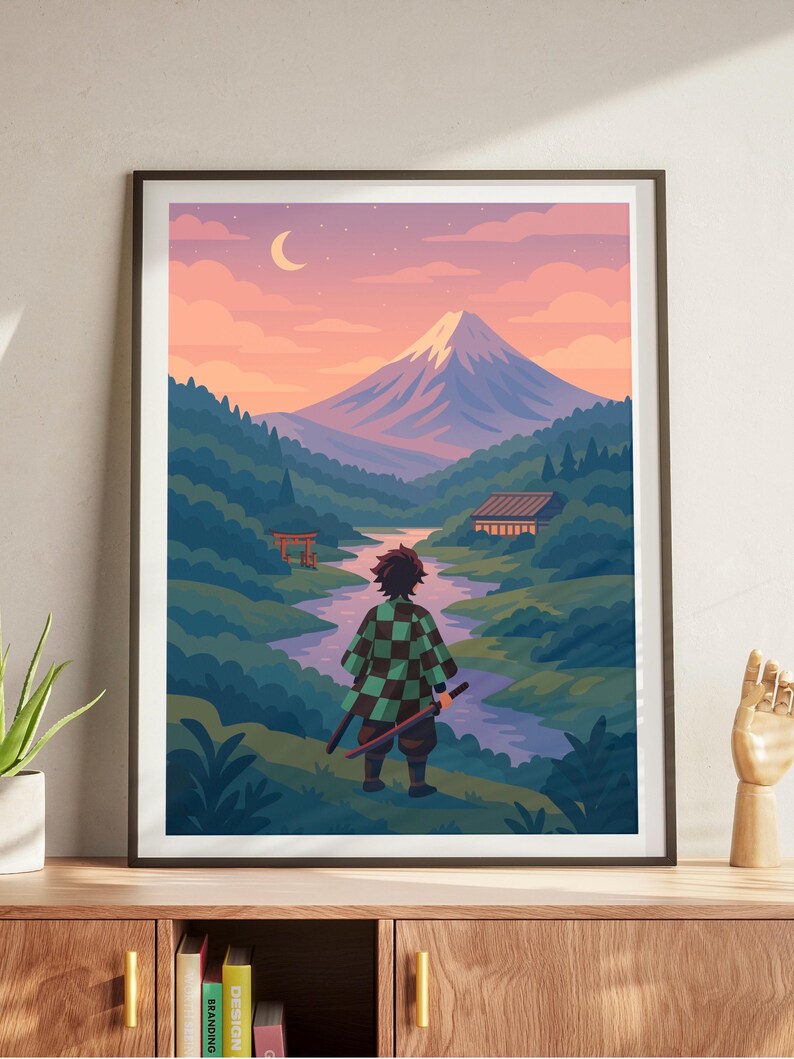 May include: A framed art print featuring a stylized landscape with a figure in a checkered robe, facing a mountain. The scene includes a river, trees, and a crescent moon in a pastel sky. The artwork is displayed on a wooden cabinet.