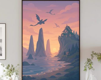 Toothless & Hiccup Poster Print – How to Train Your Dragon Inspired Wall Art, Fantasy Dragon Decor, Berk Sunset Gift for Movie Fans