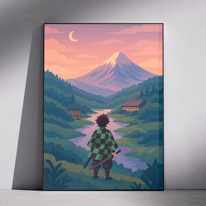 May include: A framed art print featuring a stylized landscape with a figure in a checkered cloak, facing a mountain. The scene includes a river, trees, and a crescent moon in a pastel sky. The artwork has a Japanese anime style.