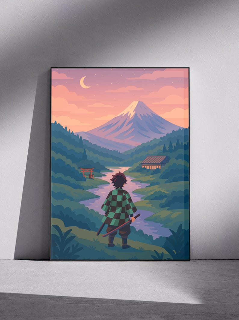 May include: A framed art print featuring a stylized landscape with a figure in a checkered cloak, facing a mountain. The scene includes a river, trees, and a crescent moon in a pastel sky. The artwork has a Japanese anime style.