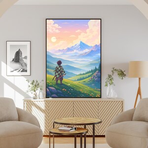 Anime inspired Demon Slayer wall art showcasing a Japanese landscape with layered mountains, cinematic skies, and a swordsman figure reminiscent of Tanjiro aesthetics. This anime poster print is designed for fans of Japanese anime art, Mount Fuji scenery, manga illustrations, and peaceful adventure themes. Ideal for anime room decor, collectors, and anyone seeking high quality anime wall art with nature, storytelling, and modern minimalist design.