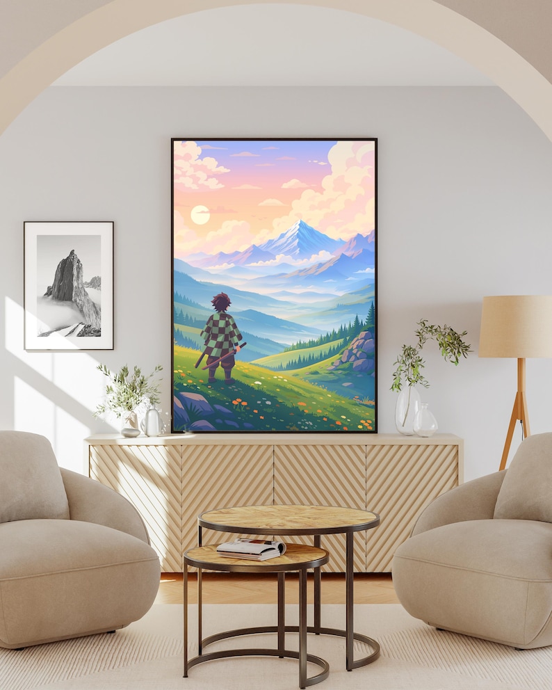 Anime inspired Demon Slayer wall art showcasing a Japanese landscape with layered mountains, cinematic skies, and a swordsman figure reminiscent of Tanjiro aesthetics. This anime poster print is designed for fans of Japanese anime art, Mount Fuji scenery, manga illustrations, and peaceful adventure themes. Ideal for anime room decor, collectors, and anyone seeking high quality anime wall art with nature, storytelling, and modern minimalist design.