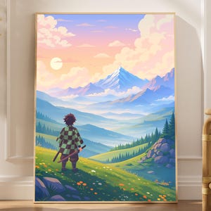 May include: A framed art print depicting an anime-style landscape. A figure stands on a grassy hill, gazing at a mountain range under a sunset sky. The artwork uses a range of colours, with a focus on blues, greens, and oranges.