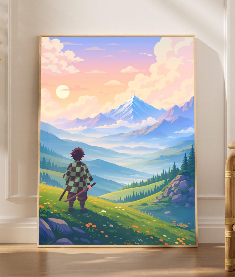 May include: A framed art print depicting an anime-style landscape. A figure stands on a grassy hill, gazing at a mountain range under a sunset sky. The artwork uses a range of colours, with a focus on blues, greens, and oranges.