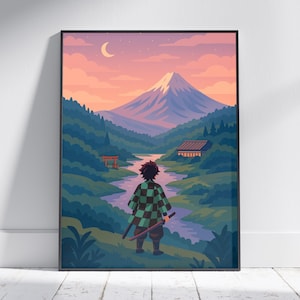May include: A framed art print featuring a stylized anime scene. A figure in a green and black checkered haori stands before a river, with a mountain and a crescent moon in the background. The color palette includes shades of blue, green, orange, and pink.