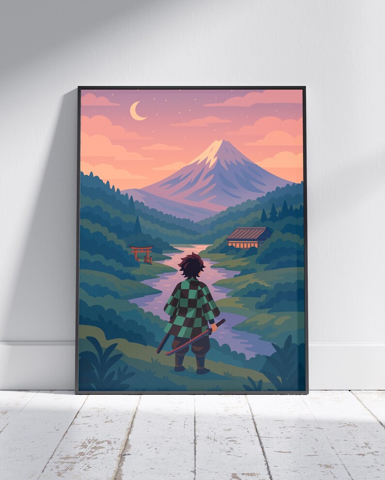May include: A framed art print featuring a stylized anime scene. A figure in a green and black checkered haori stands before a river, with a mountain and a crescent moon in the background. The color palette includes shades of blue, green, orange, and pink.