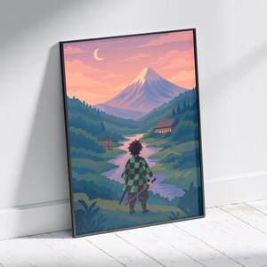 May include: Framed art print featuring a stylized landscape with a figure in the foreground. The artwork depicts a mountain, river, and traditional Japanese architecture under a sunset sky. The figure is wearing a checkered pattern garment and holding two swords.
