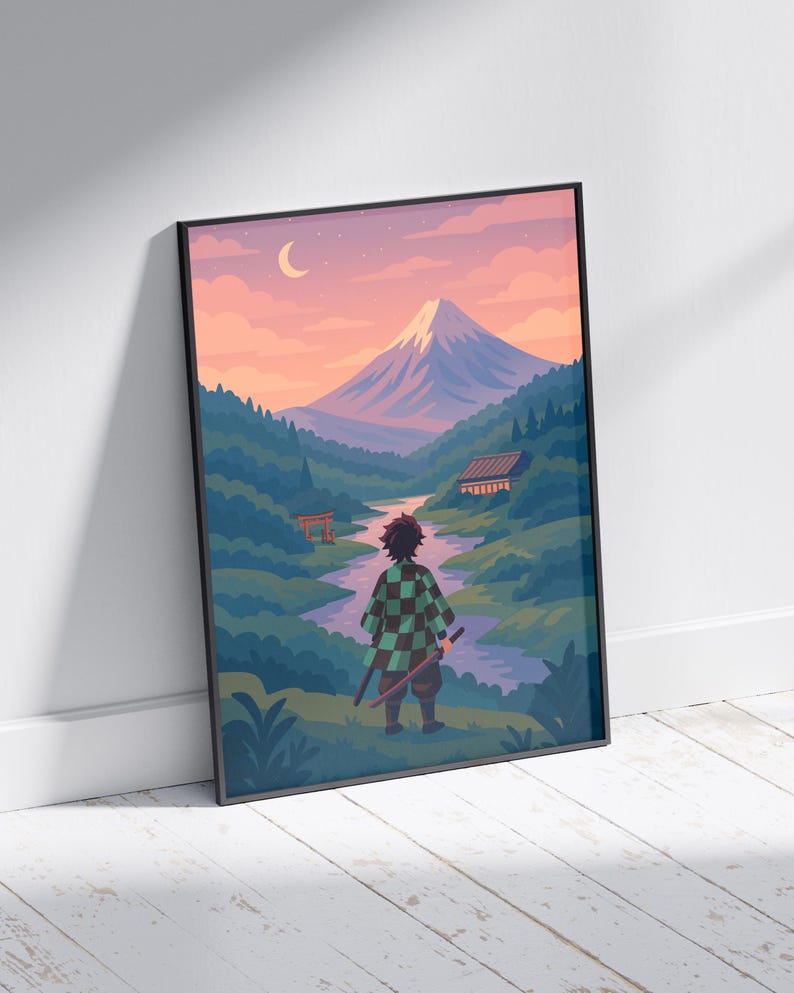 May include: Framed art print featuring a stylized landscape with a figure in the foreground. The artwork depicts a mountain, river, and traditional Japanese architecture under a sunset sky. The figure is wearing a checkered pattern garment and holding two swords.