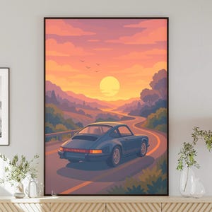 May include: A framed art print depicts a blue sports car driving on a winding road at sunset. The artwork features a vibrant color palette of orange, purple, and blue, with the word "CLASSIC" visible on the car.