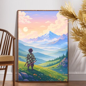 Demon Slayer inspired anime art print featuring a swordsman standing in a Japanese valley with Mount Fuji style mountains in the distance. This Tanjiro inspired aesthetic artwork blends anime nature scenery, pastel colors, and cinematic depth. Perfect for anime fans, Japanese art lovers, manga wall decor, and gaming room posters. A calm yet adventurous anime illustration designed for modern interiors and collectors of high resolution anime wall art.