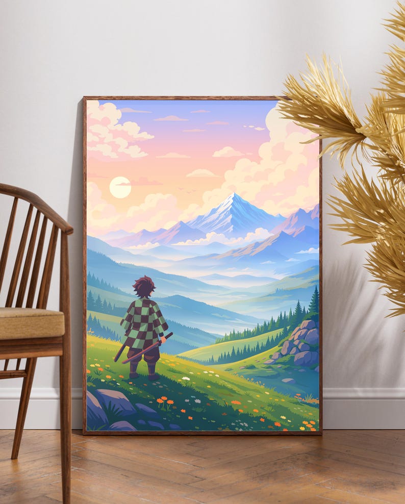 Demon Slayer inspired anime art print featuring a swordsman standing in a Japanese valley with Mount Fuji style mountains in the distance. This Tanjiro inspired aesthetic artwork blends anime nature scenery, pastel colors, and cinematic depth. Perfect for anime fans, Japanese art lovers, manga wall decor, and gaming room posters. A calm yet adventurous anime illustration designed for modern interiors and collectors of high resolution anime wall art.