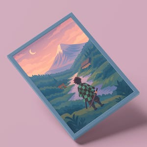 May include: A framed art print featuring a stylized illustration of a figure in a checkered green and black kimono, looking towards a mountain landscape. The artwork includes a river, trees, and a sunset sky with a crescent moon. The frame is light blue.