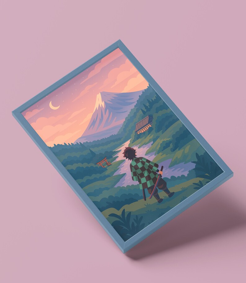 May include: A framed art print featuring a stylized illustration of a figure in a checkered green and black kimono, looking towards a mountain landscape. The artwork includes a river, trees, and a sunset sky with a crescent moon. The frame is light blue.