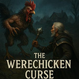 May include: An illustration depicting a battle between a man and a werechicken. The man, with a long white beard, holds a spiked mace. The werechicken is a menacing creature with a rooster's head and a human-like body. The text "THE WERECHICKEN CURSE" is at the bottom.