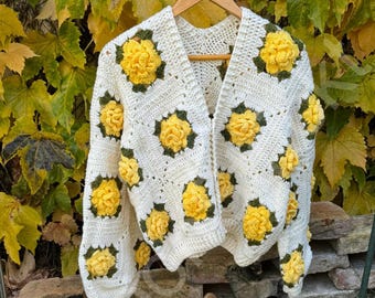 Leilayca Yellow Rose Cardigan , Chunky Cropped Cardigan for Woman