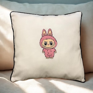 Labubu Embroidered Pillow – Pink or Green Design