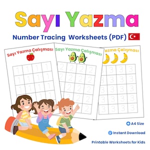 May include: Colorful educational image featuring the text "Sayı Yazma" and "Number Tracing Worksheets (PDF)". Three children ride a yellow pencil, with worksheets showing numbers 1, 2, and 3, and illustrations of an apple, avocados, and bananas.