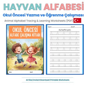 May include: A set of printable worksheets for early childhood education. The cover features a colorful illustration of two children. The worksheet includes tracing exercises for the letter "A" and the text "Animal Alphabet Tracing & Learning Worksheets (PDF)".