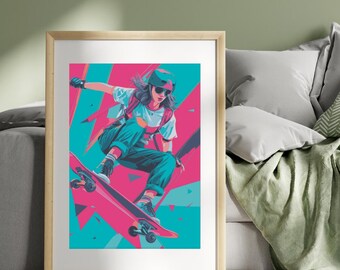 Poster rétro skater girl : art mural vintage skateboard rose sarcelle rose