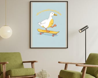 Funny Duck Skateboard Poster: Quirky Animal Art Print
