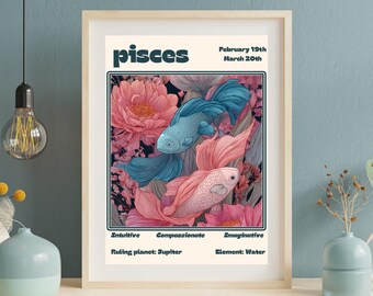 Plakat ze znakiem zodiaku Ryby: Kwiatowa sztuka z rybą koi