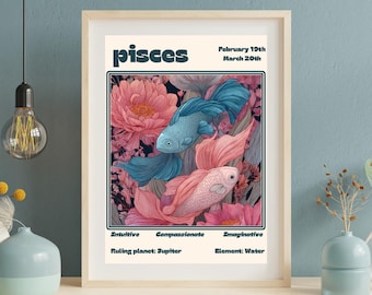 Póster del zodiaco Piscis, arte de pared de astrología celestial, impresión del signo zodiacal Piscis, arte del horóscopo, regalo para ella, póster de astrología