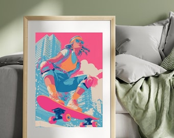 Poster rétro skater girl : art mural vintage skateboard rose sarcelle rose