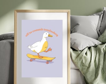 Funny Duck Skateboard Poster: Quirky Animal Art Print