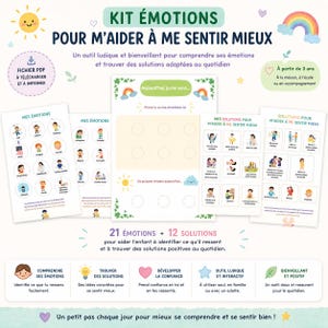 Könnte beinhalten: Ein farbenfrohes Lernset mit dem Titel "Kit Émotions" und dem Text "Pour m'aider à me sentir mieux." Das Set enthält druckbare PDF-Seiten mit Illustrationen von Emotionen, Lösungen und interaktiven Aktivitäten für Kinder ab 3 Jahren. Das Set soll Kindern helfen, ihre Emotionen zu verstehen und zu bewältigen.