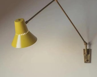 Yellow Mid-Century Modern Wall Lamp, Adjustable Brass Swing Arm Light