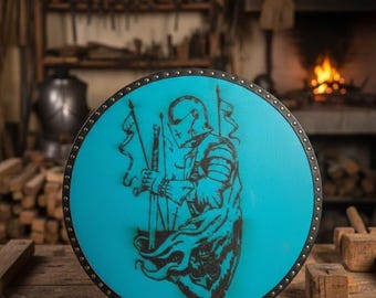 Escudo de Cavaleiro Turquesa Feito à Mão, Decoração de Parede Medieval, Arte Fantástica