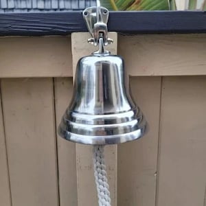 Polished Stainless Steel Nautical Bell with Rope Pull, Wall Mounted Entryway Decor