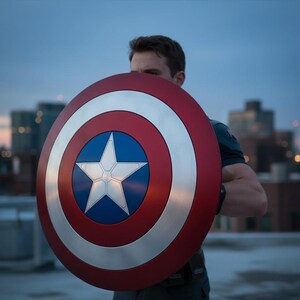 May include: A red, white, and blue shield with a white star in the center. The shield has concentric circles of red, white, and silver. The shield is held in front of a person against a cityscape background.