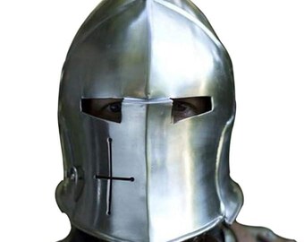 Knights Templar Helmet: Steel Crusader Barbuta with Display Stand