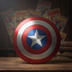 May include: A Captain America shield, featuring a red, white, and blue color scheme. The shield has a central blue circle with a white star, surrounded by silver and red concentric rings. Comic books are in the background.
